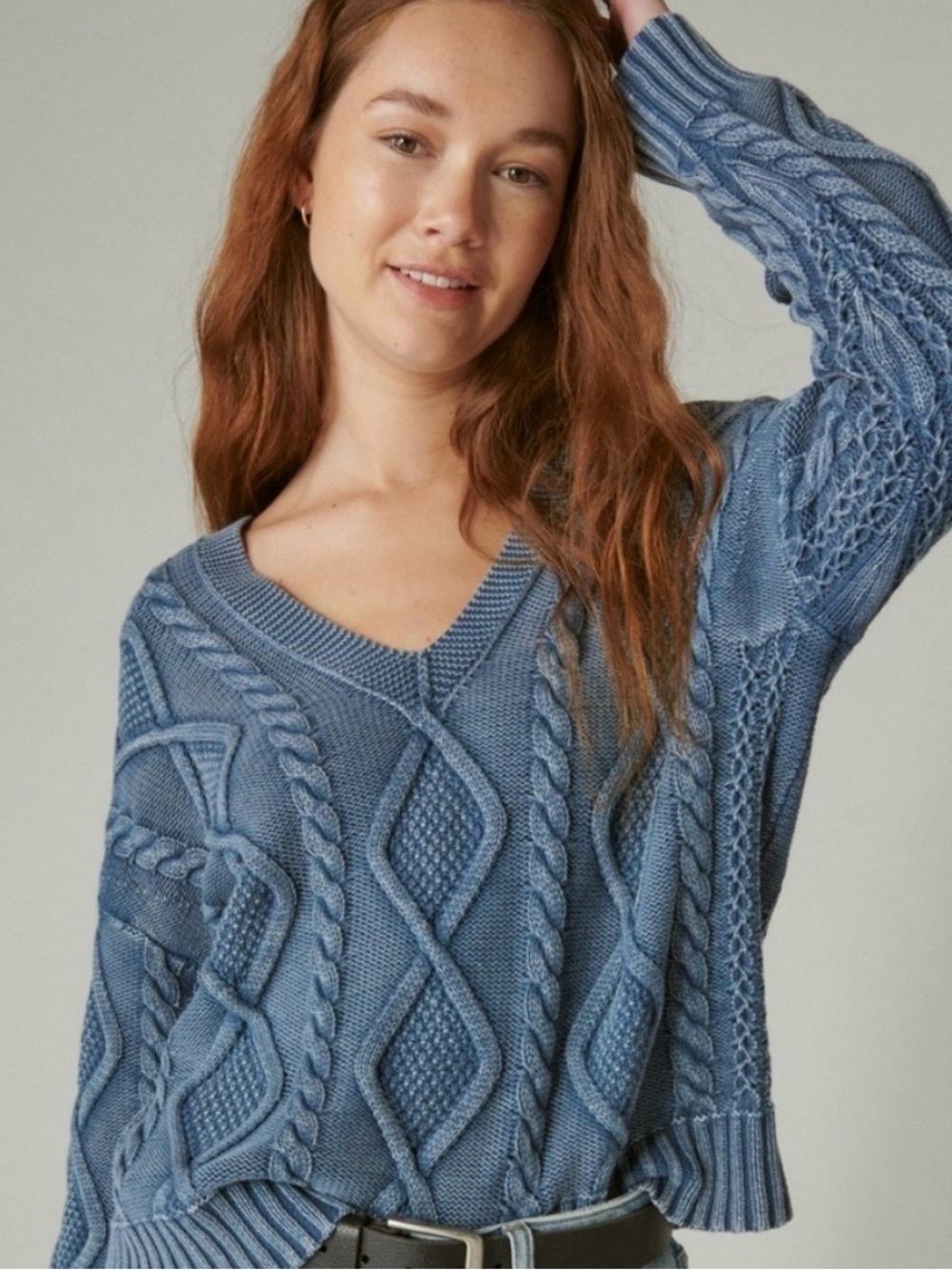 Lucky Brand Women's Cable Knit V-Neck Sweater in Dusty Blue